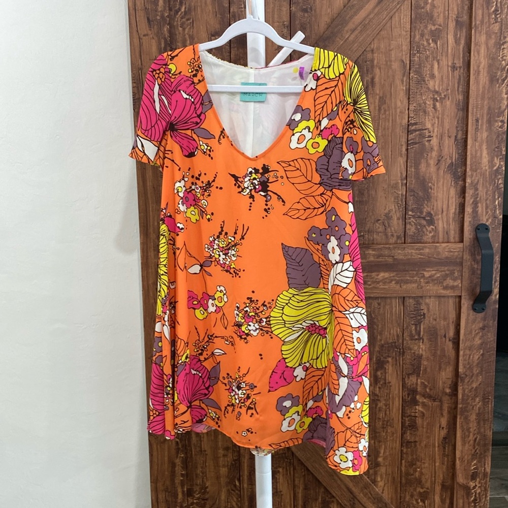 Judith March floral abstract print swing dress with flutter sleeve